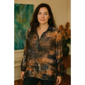 Mariella Burani Top Womens 46 Large Silk & Velvet Burnout Rust Tie Dye Tunic‎
